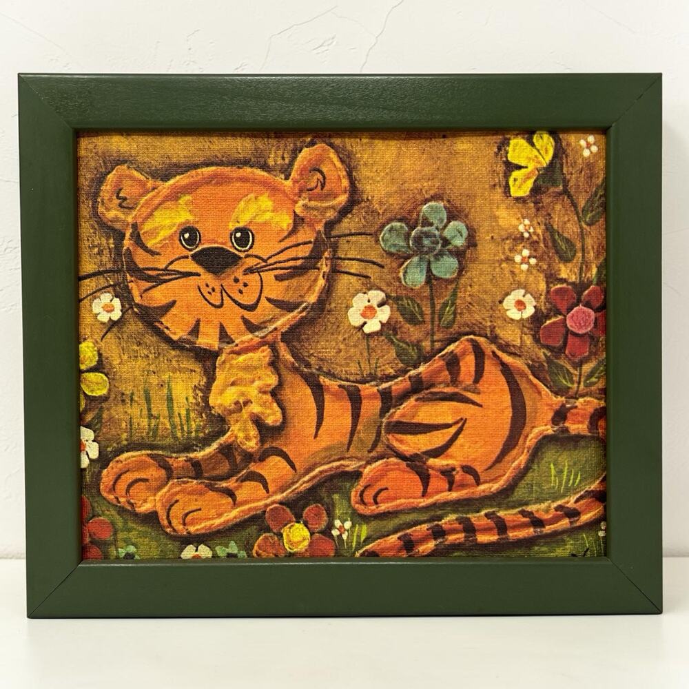 Vintage 70s Big Eye Tiger Cub Framed Nursery Wall Art K Chin